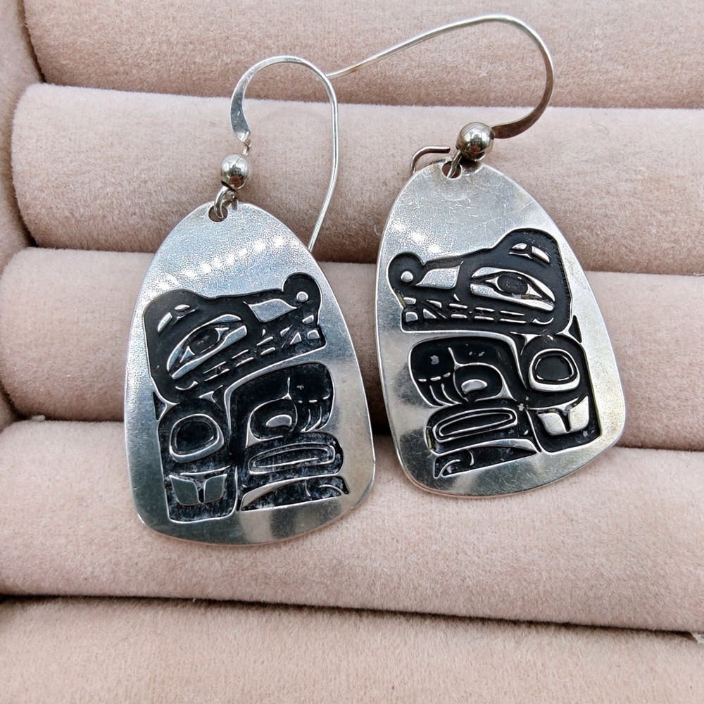 Vintage 1996 Navajo Meg Sterling Silver 925 Bear Totem Drop Earrings Signed